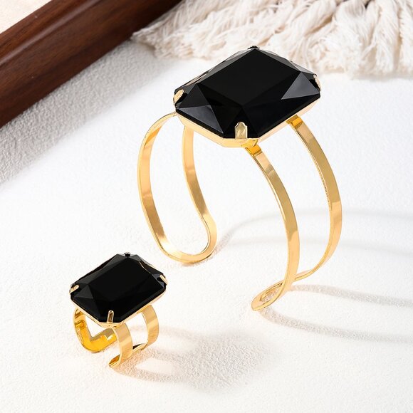 3/$35 Jewelry Set Bangle Bracelet and Ring Gold Black Gemstone Crystal Chunky - Picture 4 of 8